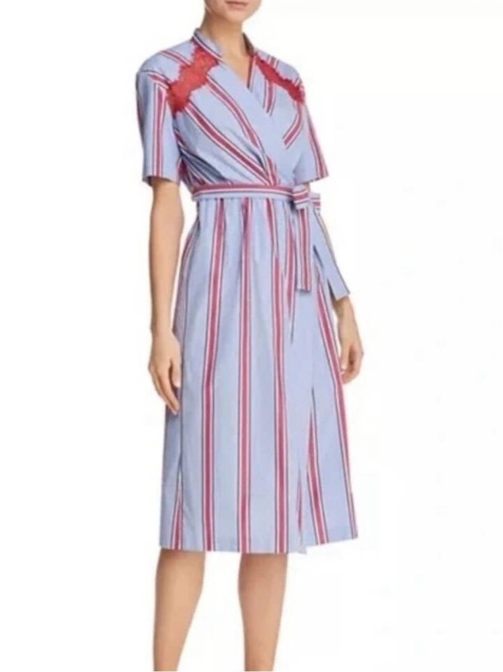 Sandro Blue and Red Striped Wrap Dress with Belt